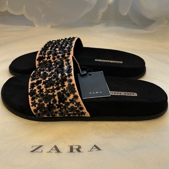 ZARA FLORAL SEQUINS SUEDE SLIDES - Picture 4 of 7